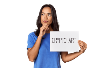 Woman with "crypto art" sign in studio looking sideways with doubtful and skeptical expression.