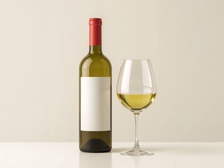 Fototapeta premium Still Life of White Wine Bottle with Red Top and Glass, Elegant and Minimalist.