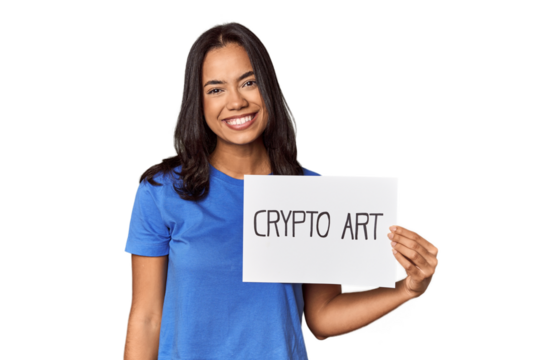 Woman with "crypto art" sign in studio happy, smiling and cheerful.