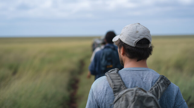 Group of hikers walking along grassy trail under cloudy sky, wearing backpacks and casual clothing, exploring nature together