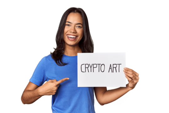 Woman with "crypto art" sign in studio smiling and pointing aside, showing something at blank space.
