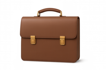 Professional brown leather briefcase rendering, golden hardware, transparent backdrop, representing corporate elegance and business sophistication