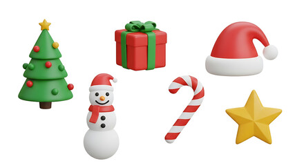 Collection of classic Christmas holiday icons including a decorated fir tree, cheerful snowman, festive gift box, Santa hat, candy cane, and golden star, perfect for seasonal designs