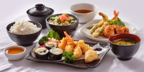 A beautifully arranged Japanese bento box meal is presented on a white tablecloth. The composition includes a large bowl of white rice, a smaller bowl of mixed salad with vegetables and fish,