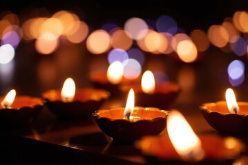 Diwali diyas with bokeh lights 