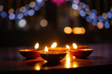 Diwali diyas with bokeh lights 