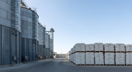 Industrial grain silos and stacked bags of agricultural product under a clear blue sky.
