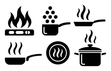 Collection of Cooking Icons: Stove, Pots, Pans, and Steam