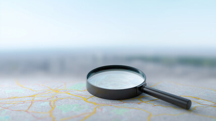 Magnifying glass map navigation search exploration focus travel city planning discovery and curiosity concept
