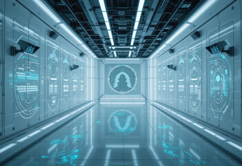 Futuristic science fiction corridor with glowing lights and advanced technology displays