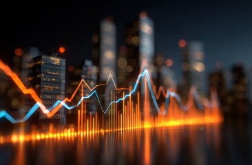 Night city skyline with glowing financial graphs