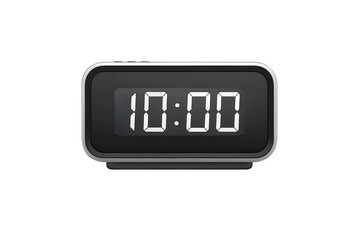 Digital alarm clock with glowing LED display showing 10:00, isolated on white background.