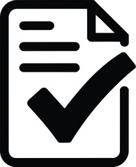 A black and white icon of a document with a folded corner and a check mark in a square box on it