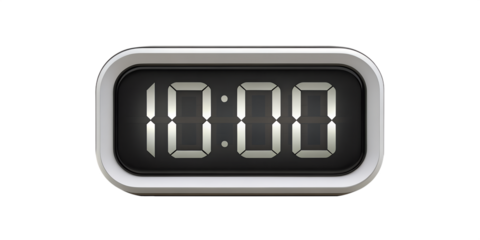 Digital alarm clock with glowing LED display showing 10:00, isolated on white background.