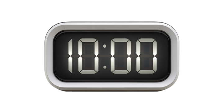 Digital alarm clock with glowing LED display showing 10:00, isolated on white background.