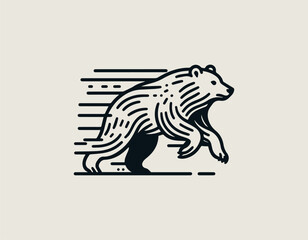 Naklejka premium Running bear illustration designed in black line art vintage rustic retro logo emblem style