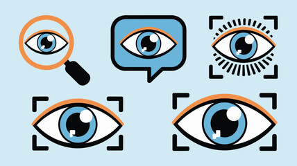 A collection of stylized eye icons in various designs including a magnifying glass and speech bubble