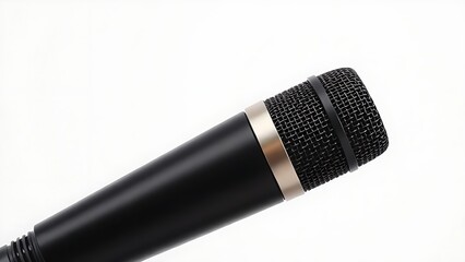 Professional dynamic microphone isolated on white background with a close-up view of XLR connector.