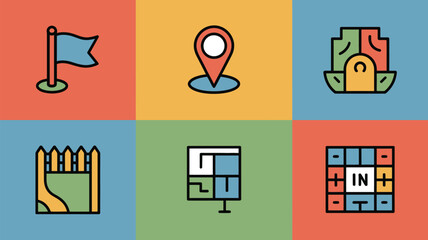 A set of six colorful icons depicting a flag, map marker, building, fence, chart, and input symbol