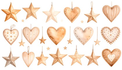 Watercolor wood-toned stars and hearts