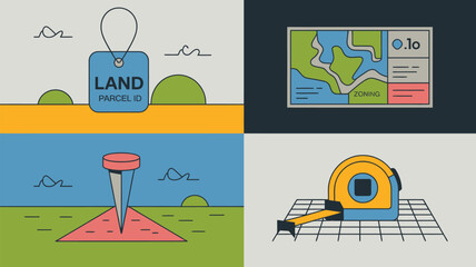 A graphic illustration depicting land surveying and zoning with a map, tape measure, and parcel id tag