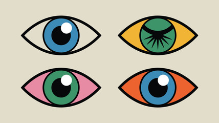 Four stylized eyes with different color combinations and black outlines arranged symmetrically on beige