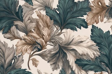 Ornate leaves in muted colors, beige, teal, and taupe, on a cream background