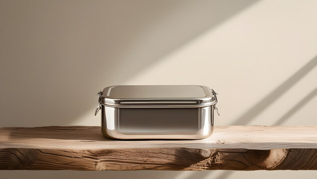 Stainless Steel Lunch Box on Wooden Table, Sustainable Food Storage Container
