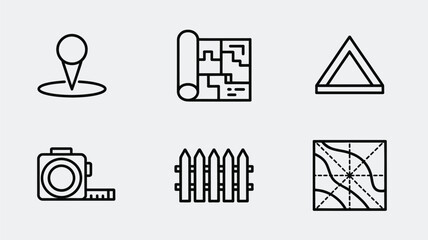Various construction and design icons including blueprint, fence, measuring tape, and location pin