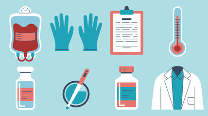 Illustration of medical equipment including blood bag gloves clipboard thermometer and vials on blue