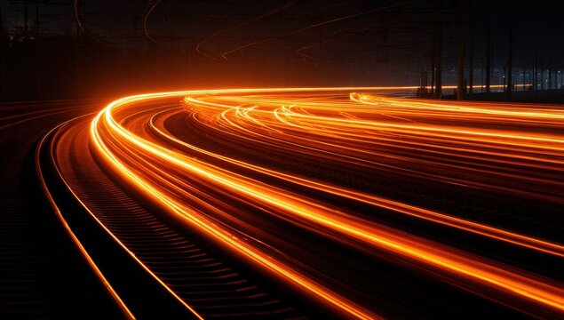 Night train tracks light trails