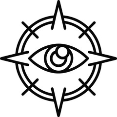 A stylized eye inside a double lined circle with star like points emanating from the circle edge