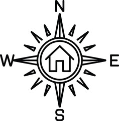 A compass rose with north east south and west directions and a house icon in the center circle design