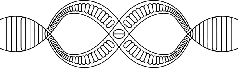 A black and white illustration of a stylized dna strand with repeating shapes and oval elements