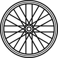 A detailed black and white illustration of a bicycle wheel with spokes and a double rim design element