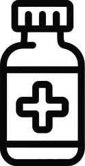 A black and white outline of a medicine bottle with a plus sign on the label and a ribbed cap top