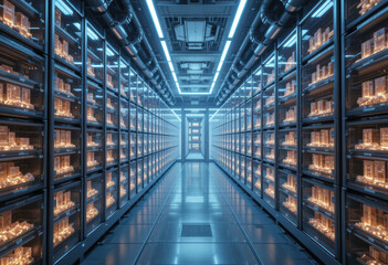 Modern Data Center Hallway with Rows of Servers Glowing with Warm Light