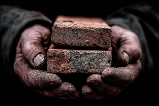 Rough hands holding bricks