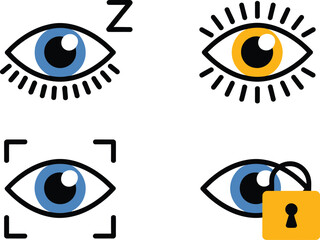 A collection of eye icons depicting various states such as sleep, focus, and security features