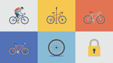 A collage of bicycle related images featuring a cyclist, bicycles, a wheel, and a padlock icon