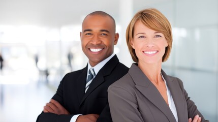 Two professionals in suits stand together indoors with arms crossed over each other's shoulders,