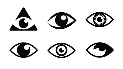 Six eye icons in black and white showing different styles and shapes on a white background design