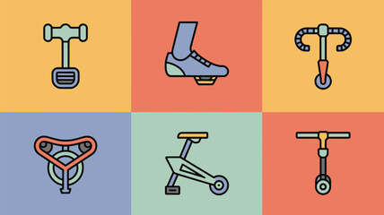A collection of six colorful icons depicting various forms of personal transportation equipment designs