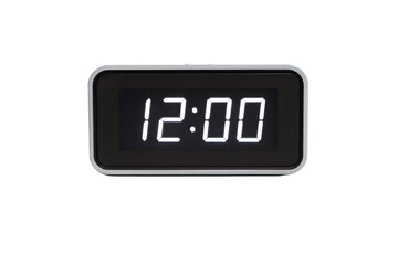 Digital alarm clock with glowing LED display showing 12:00, isolated on white background.