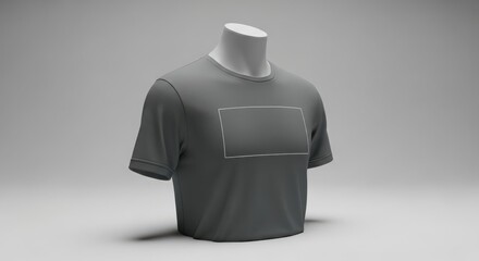 Grey tshirt on a mannequin, studio shot, grey background with dashed rectangle for design