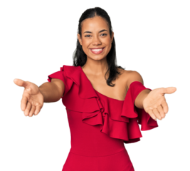 Young Filipino woman in studio showing a welcome expression.