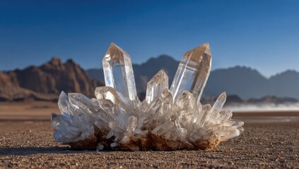 Obraz premium Clear quartz crystals cluster on arid ground, mountains in background
