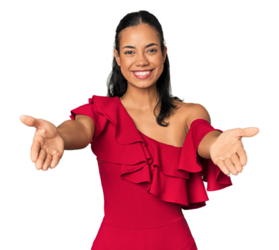 Young Filipino woman in studio showing a welcome expression.