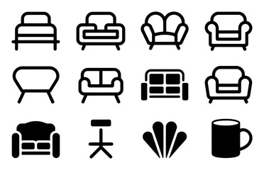 Collection of Furniture and Household Item Icons: Sofas, Chairs, Tables, and Mug