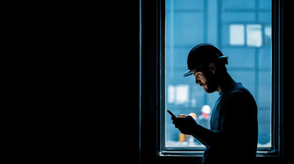 Construction worker wearing hard hat using smartphone by window with industrial site in background